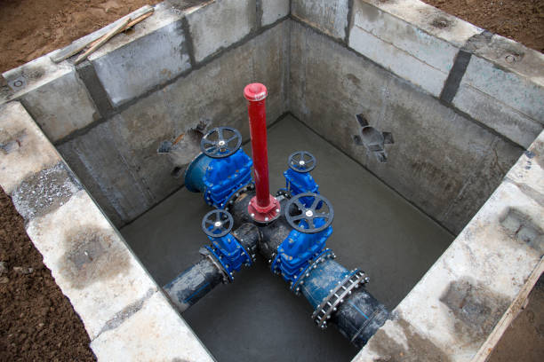 Gate valves in valve pit of the underground piping networks. Laying water system pipeline at construction site. Water supply pipeline, pipes in trench. Sewage pumping stations, stormwater, utilities válvulas de compuerta en el pozo de válvulas de las redes subterráneas de tuberías. colocación de tubería sin sistema de agua en el sitio de construcción. tubería de suministro de agua, tuberías en trinchera. estaciones de bombeo de aguas residual