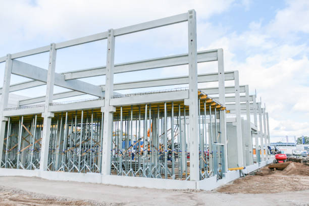 istock Construction site with precast concrete columns, beams and walls 1218571493