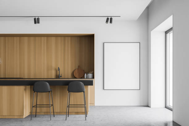 istock White and wood kitchen with bar and poster 1218571608