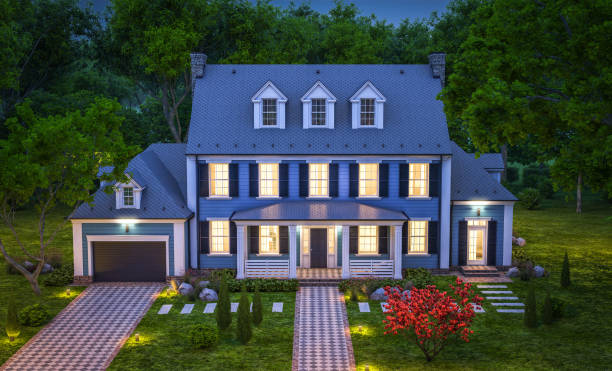 istock 3d rendering of modern classic house in colonial style in night 1218573632