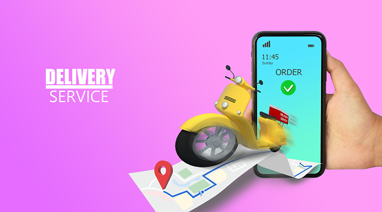 3D Illustration Fast delivery by motorcycle. E-Commerce. Online Food,Taxi,Convenience order application, Blue and white background. Perspective design.