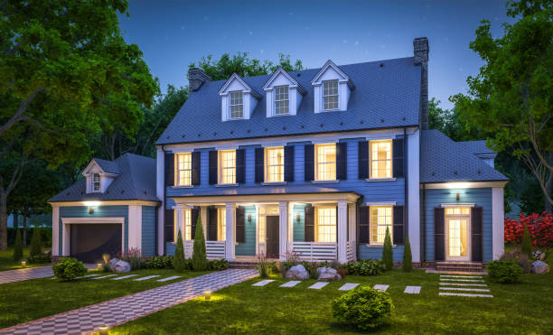 istock 3d rendering of modern classic house in colonial style in night 1218573709