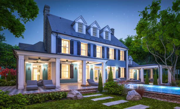 istock 3d rendering of modern classic house in colonial style in night 1218573751