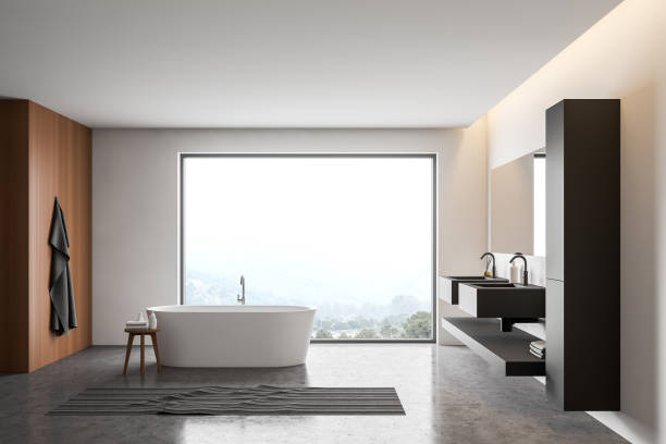 istock White and wooden panoramic bathroom interior 1218574233