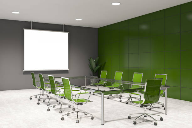 istock Green and gray meeting room corner with screen 1218574925