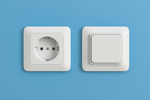 Electric socket and switch on blue wall. 3d rendering illustration.