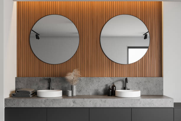 istock White and wooden bathroom, double sink close up 1218576922