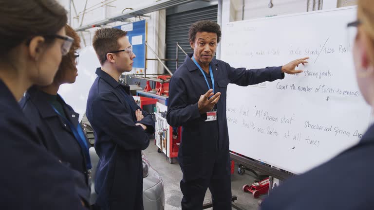 Male Tutor By Whiteboard With Students Teaching Auto Mechanic Apprenticeship At College