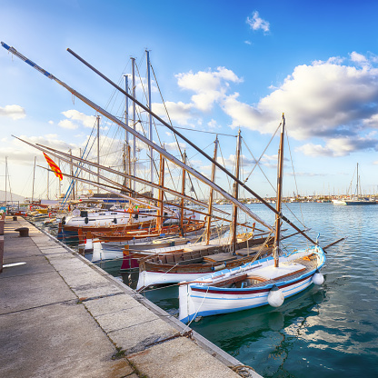 Fishing boats at Alghero port . Mediterranean seascape. Location:  Alghero, Province of Sassari, Italy, Europe