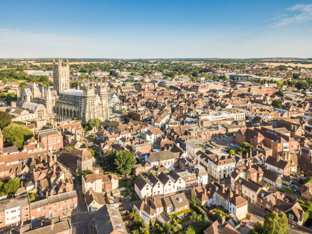 Aerial view of Canterbury in summer, Kent, England Aerial view of Canterbury in summer, Kent, England canterbury uk stock pictures, royalty-free photos & images