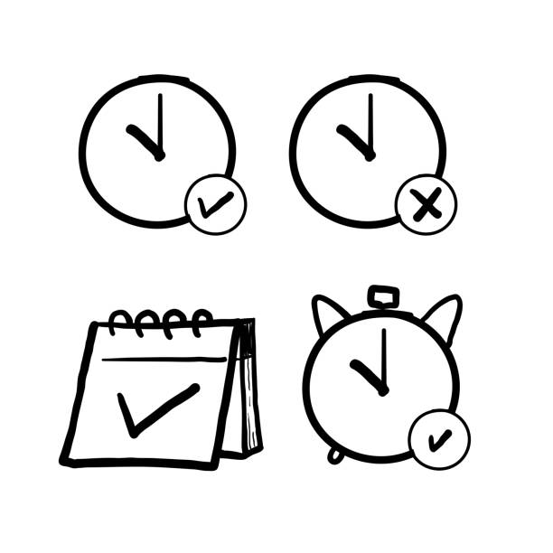 ilustrações, clipart, desenhos animados e ícones de conjunto de ícones de linha relacionados ao calendário e relógio desenhados à mão. ícones lineares de hora e data. contagem regressiva e temporizador - hourglass time timer measuring