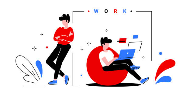istock Vector creative illustration of working guy with laptop sitting on soft chair and standing person on white background. Young man in casual clothes in home office 1218578616