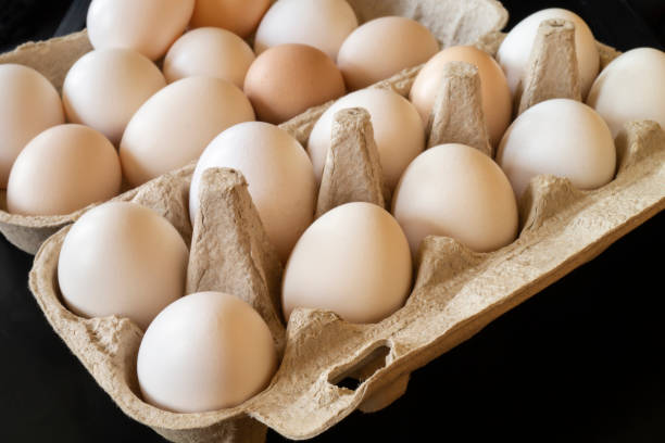 istock Chicken egg in sulphur to packing from paperboard 1218579934