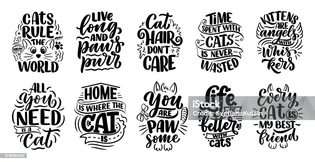 Set With Funny Lettering Quotes About Cats For Print In Hand Drawn Style  Creative Typography Slogans Design For Posters Cartoon Vector Illustration  Stock Illustration - Download Image Now - iStock