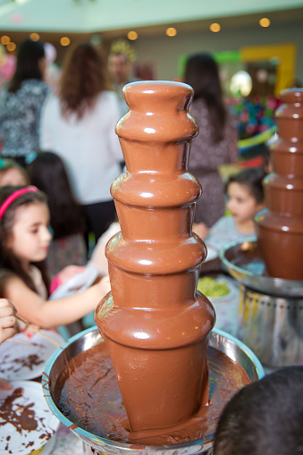Homemade chocolate fountain fondue with marshmallow on a skewer dripping in chocolate sauce on blurred background and copy space . Chocolate fountain with fruits. Children birthday party