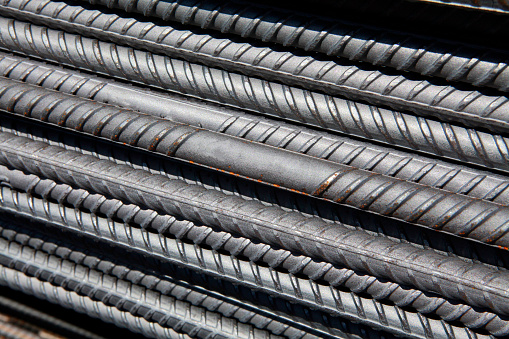 Close up of  steel rods or bars used to reinforce concrete in construction