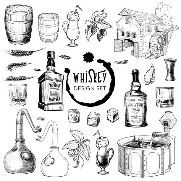 Whiskey related design elements set. Useful for bar pub or distillery branding and decoration Whiskey related design elements set. Useful for bar pub or distillery branding and decoration. Hand drawn sketch style objects isolated on white background. EPS10 vector illustration scotch whiskey illustrations stock illustrations