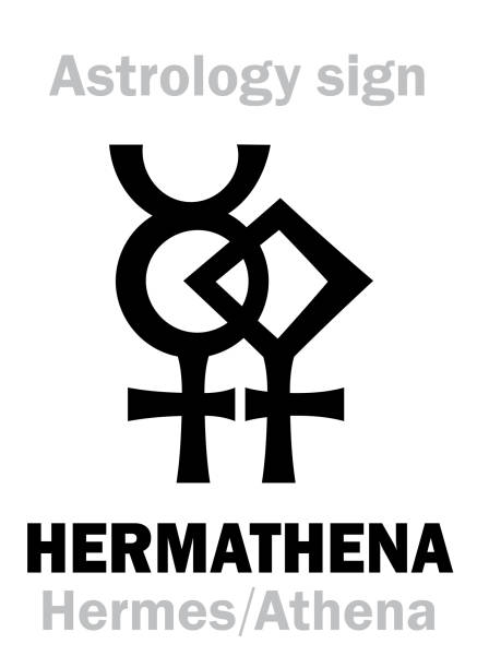 ilustraciones, imágenes clip art, dibujos animados e iconos de stock de alfabeto de astrología: hermathena (hermes+athena), deidad dual griega antigua local de elocuencia, artesanías y ciencias. símbolo de la duplicación de la sabiduría. signo de carácter jeroglífico (símbolo combinado). - parthenos
