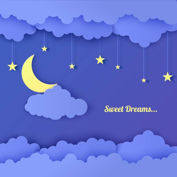 istock Night sky in paper cut style. 3d background with dark cloudy landscape with stars and moon papercut art. Garland with stars. Cute cardboard origami clouds, vector card for wish good night sweet dreams 1218587757