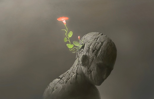 freedom hope spiritual and dream concept painting, red flower grow up on broken human sculpture, artwork