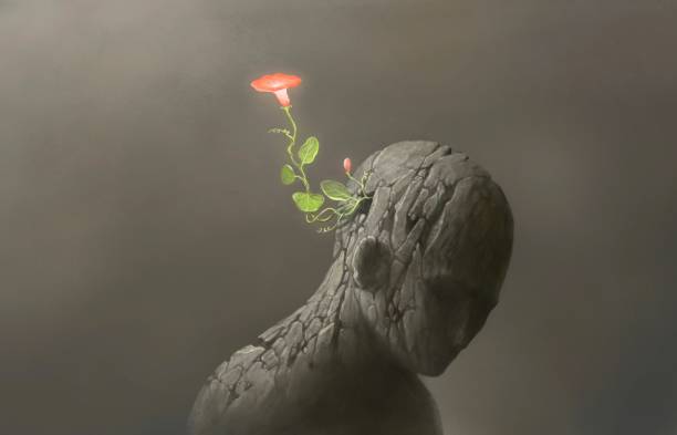Red of freedom freedom hope spiritual and dream concept painting, red flower grow up on broken human sculpture, artwork philosophy stock illustrations