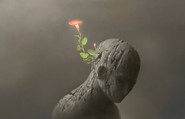 Red of freedom freedom hope spiritual and dream concept painting, red flower grow up on broken human sculpture, artwork abstract oil painting for beginners stock illustrations