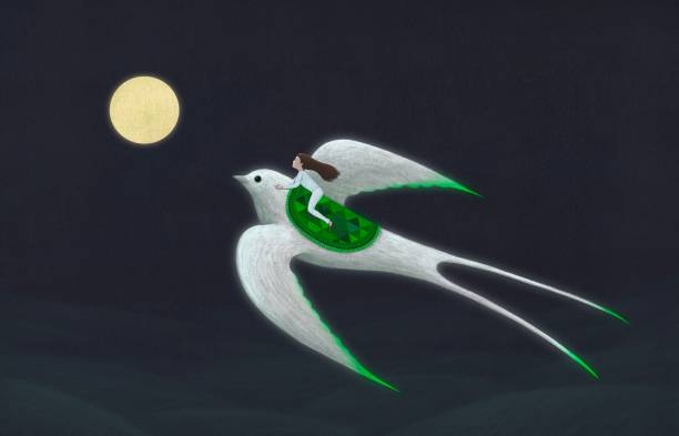 Hope and freedom fantasy scenea young girl riding a flying bird to the moon , surreal painting artwork, imagination abstract oil painting for beginners stock illustrations