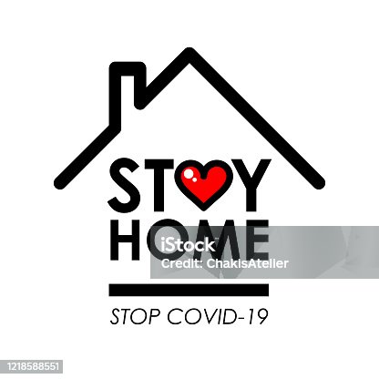 istock Stay home logo and line icon with house and heart inside, Stay home quote typography design is Coronavirus disease COVID-19 protection campaign logo, vector illustration 1218588551