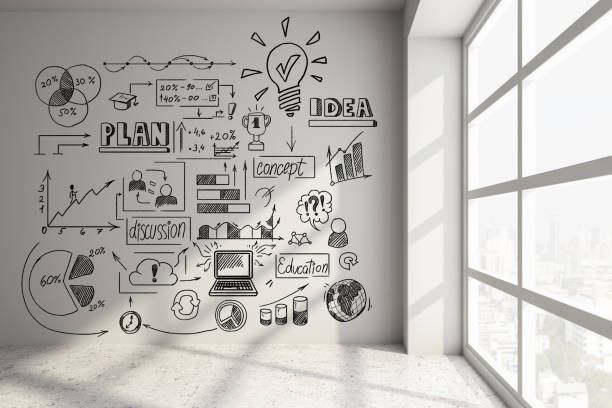 istock Drawing global business sketch on concrete wall. 1218588602