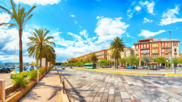 Street with road and typical architecture of the old center of Cagliari. Location: Cagliari, Sardinia, Italy, Europe