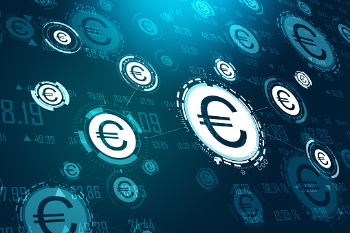 Creative glowing euro icon interface hud on dark blue wallpaper. Cryptocurrency and money concept. 3D Rendering