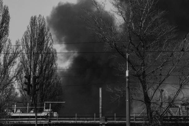 istock Fire. Fire at the factory. Black smoke. 1218589947