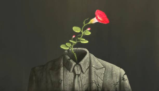 Freedom freedom hope success and dream concept painting, surreal scene of red flower grow up on broken businessman sculpture, nature abstract oil painting for beginners stock illustrations