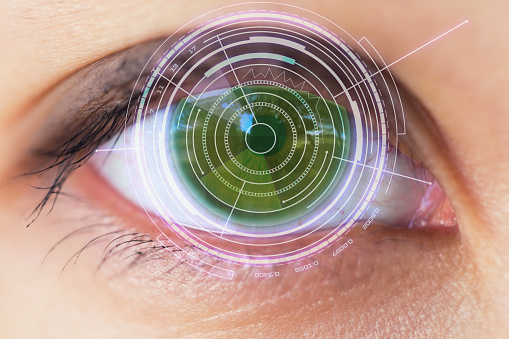 A woman's eye is scanned by a retina scanner. A digitally enhanced image is laid over the woman's eye.