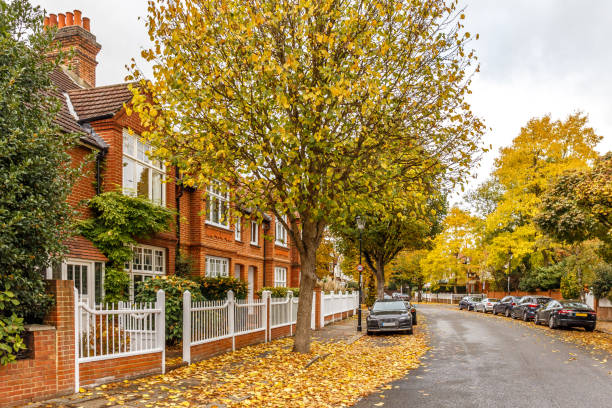 秋のチズウィック郊外通り、ロンドン、イギリス - nobody building exterior outdoors house ストックフォトと画像