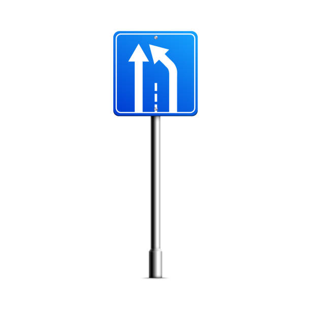 illustrazioni stock, clip art, cartoni animati e icone di tendenza di segnale stradale quadrato blu con estremità corsia, unire segno sinistro i - two lane highway illustrations