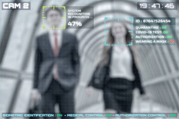 istock Facial recognition simulation of people with covid-19 test verification 1218594278