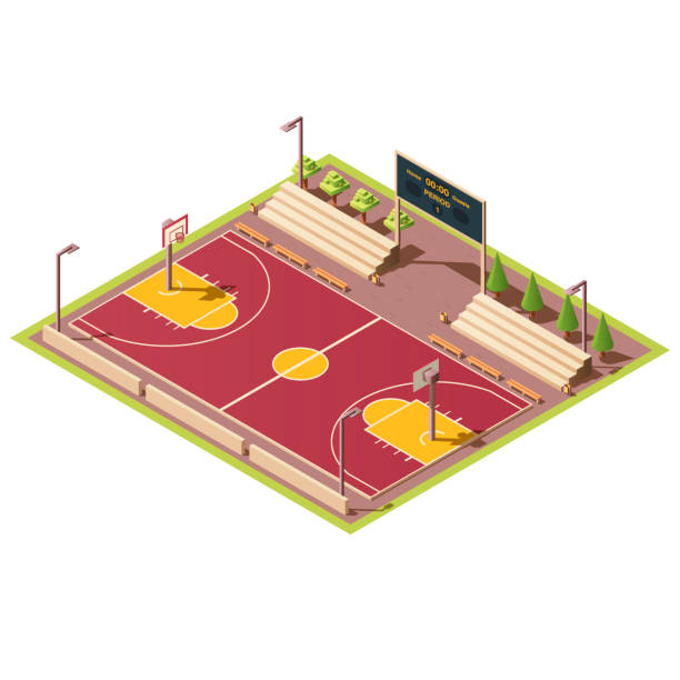 Isometric stadium with basketball field Vector 3d isometric stadium with field for street basketball games, tribune, fence, scoreboard, basket and hoop. Empty sport arena with urban basketball court. Isometry isolated on white background. scoreboard stadium sport seat stock illustrations