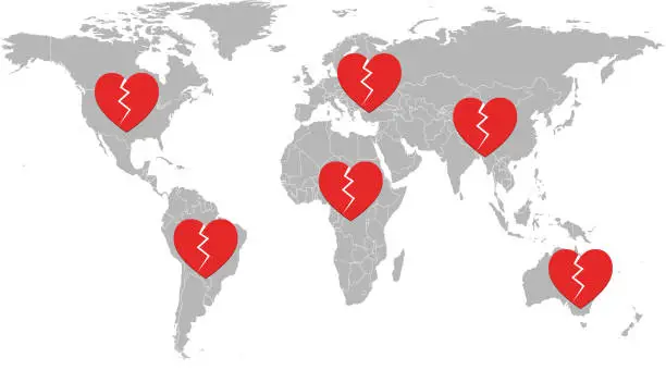 Vector illustration of World map broken hearts