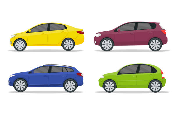 레이스용 측면 보기의 플랫 카. 고립 된 배경에 만화 차량 컬렉션입니다. 스포츠 지프, 세단, 가족 여행을위한 보편적 인. 노란색, 파란색 기계 운전실 디자인. 자동차 택시. 벡터 일러스트레이션 - sedan stock illustrations
