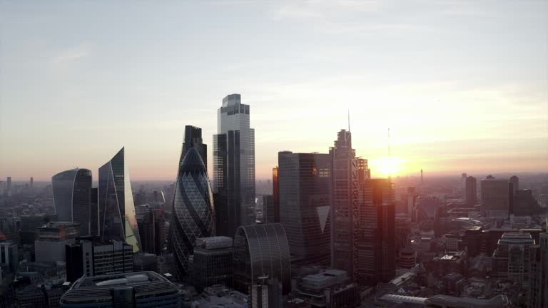 Dusk aerial shot of City Of London, Financial District, UK