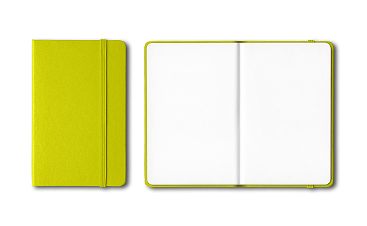 Lime green closed and open notebooks isolated on white