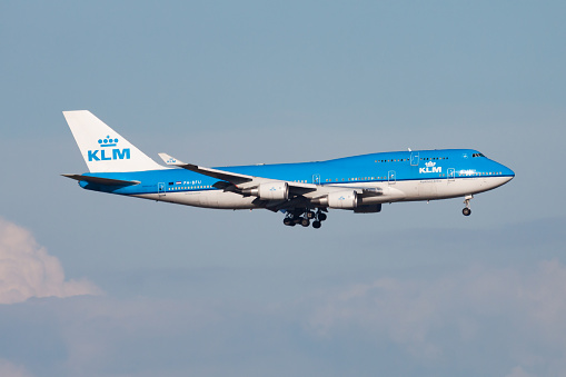 Amsterdam / Netherlands - August 13, 2014: KLM Royal Dutch Airlines Boeing 747-400 Jumbojet PH-BFU passenger plane arrival and landing at Amsterdam Schipol Airport