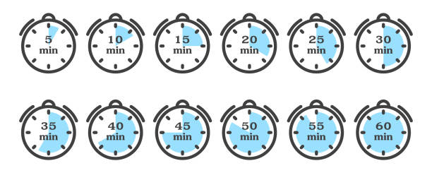 ilustrações de stock, clip art, desenhos animados e ícones de timer and stopwatch icon set. a minimalistic image of a watch with different variants of minute indicators multiple of five. isolated vector on a white background. - symbol computer icon icon set simplicity