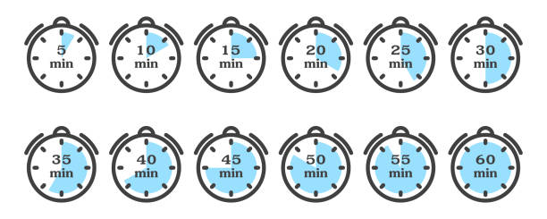 Timer and stopwatch icon set. A minimalistic image of a watch with different variants of minute indicators multiple of five. Isolated vector on a white background. Timer and stopwatch icon set. A minimalistic image of a watch with different variants of minute indicators multiple of five. Isolated vector on a white background minute hand stock illustrations