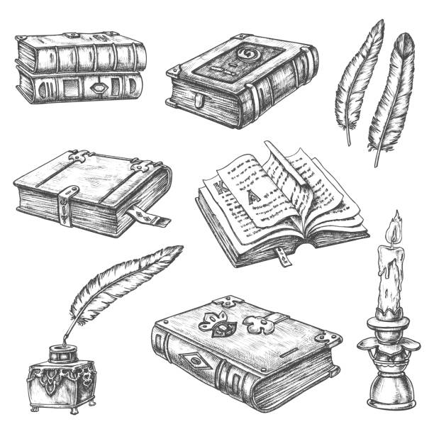 illustrations, cliparts, dessins animés et icônes de vieux livres de rareté, plume d’encre vintage d’auteur - pen literature quill pen ink well
