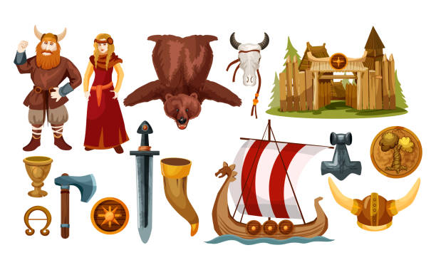 alte skandinavische und wikinger-kultur-ikonen - boat horn stock-grafiken, -clipart, -cartoons und -symbole