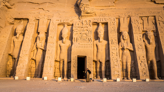 A scenic shot of the Philae temple complex against the blue sky in Egypt