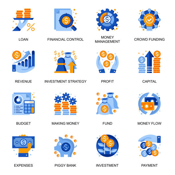 Financial management icons set in flat style. Money flow, crowdfunding, piggy bank, revenue and loan, capital, fund and budget, making money signs. Financial management icons set in flat style. Money flow, crowdfunding, piggy bank, revenue and loan, capital, fund and budget, making money signs. Investment strategy pictograms for UX UI design. financial loan illustrations stock illustrations