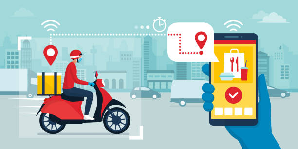 Safe fast food delivery app and delivery man Safe fast food delivery during coronavirus covid-19 epidemic and app on a smartphone tracking the  delivery man on a moped, technology and logistics concept, city skyline in the background restaurant masks stock illustrations